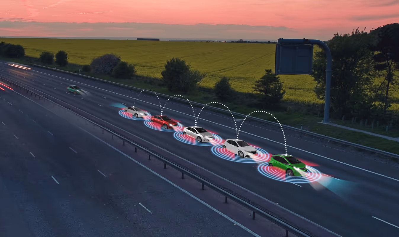 Design visual of cars on a road with platooning technology illustrated to explain complicated technology