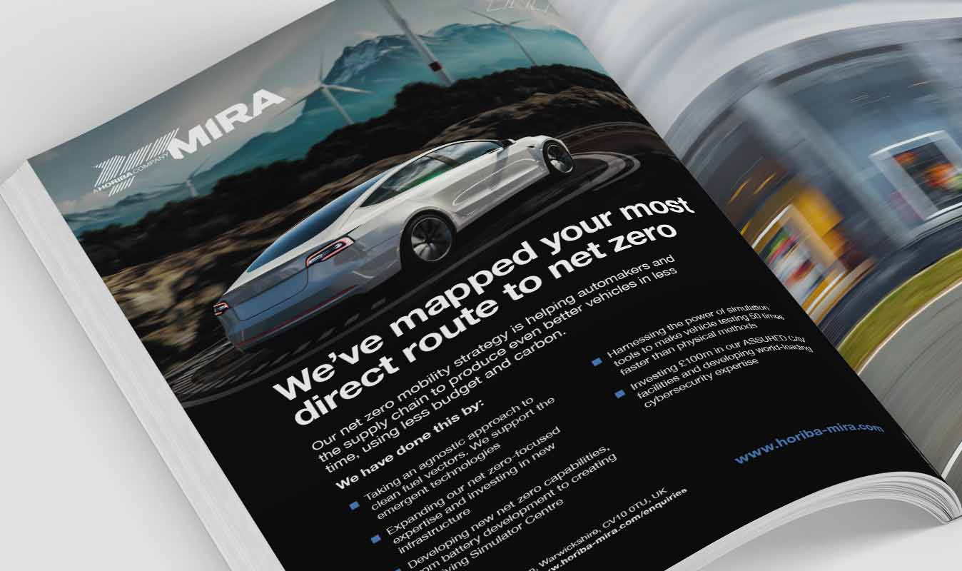 An advert featuring prominent net zero messaging positioning HORIBA MIRA as thought leaders