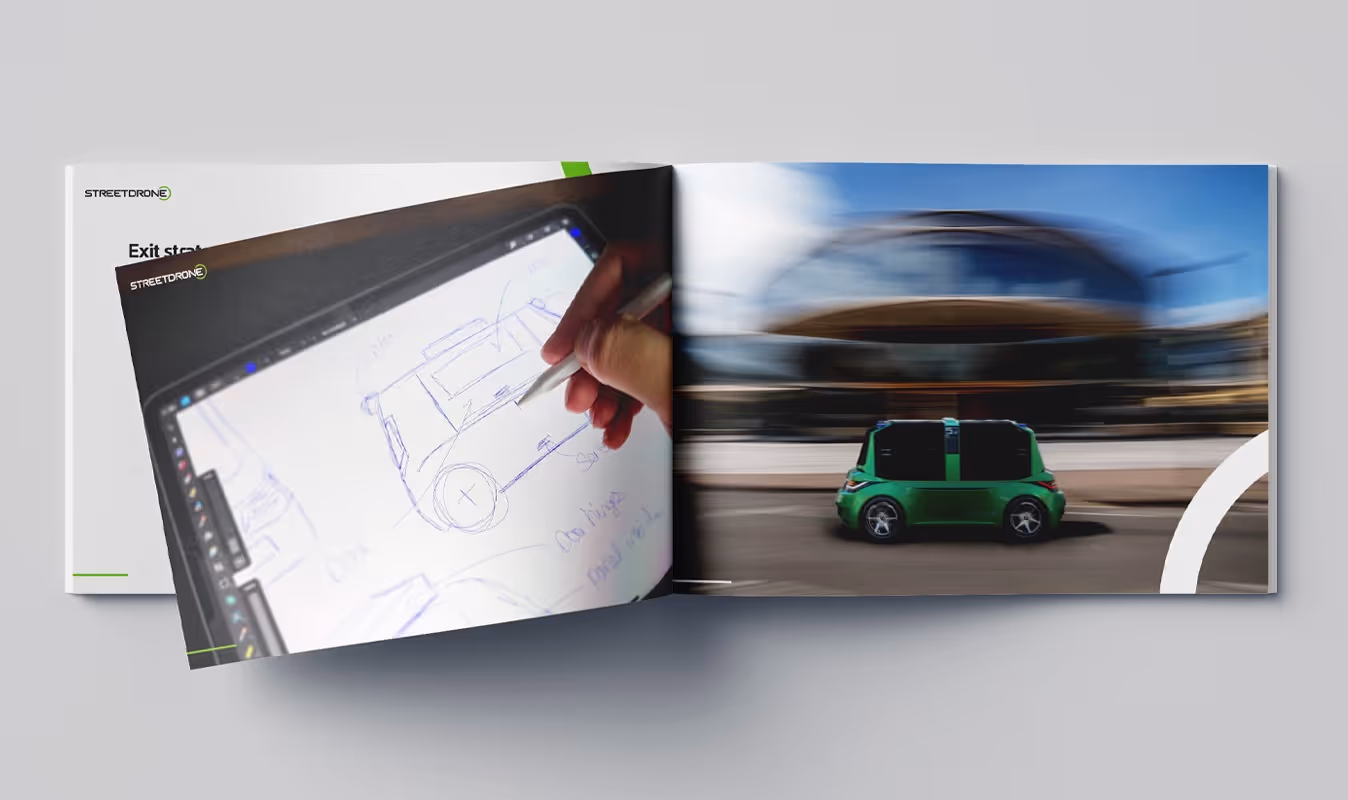 Brochure depicting the design of the autonomous StreetDrone Pix-E