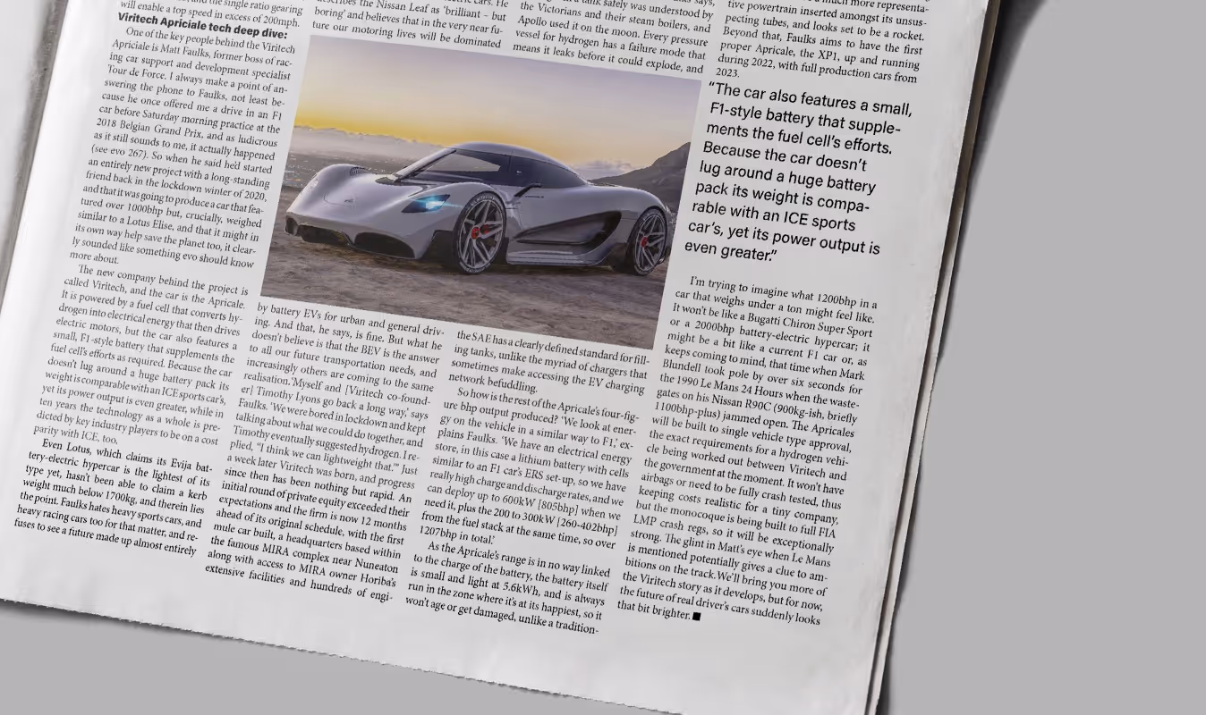 Strategic newspaper article featuring the Viritech Apricale Hydrogen Supercar