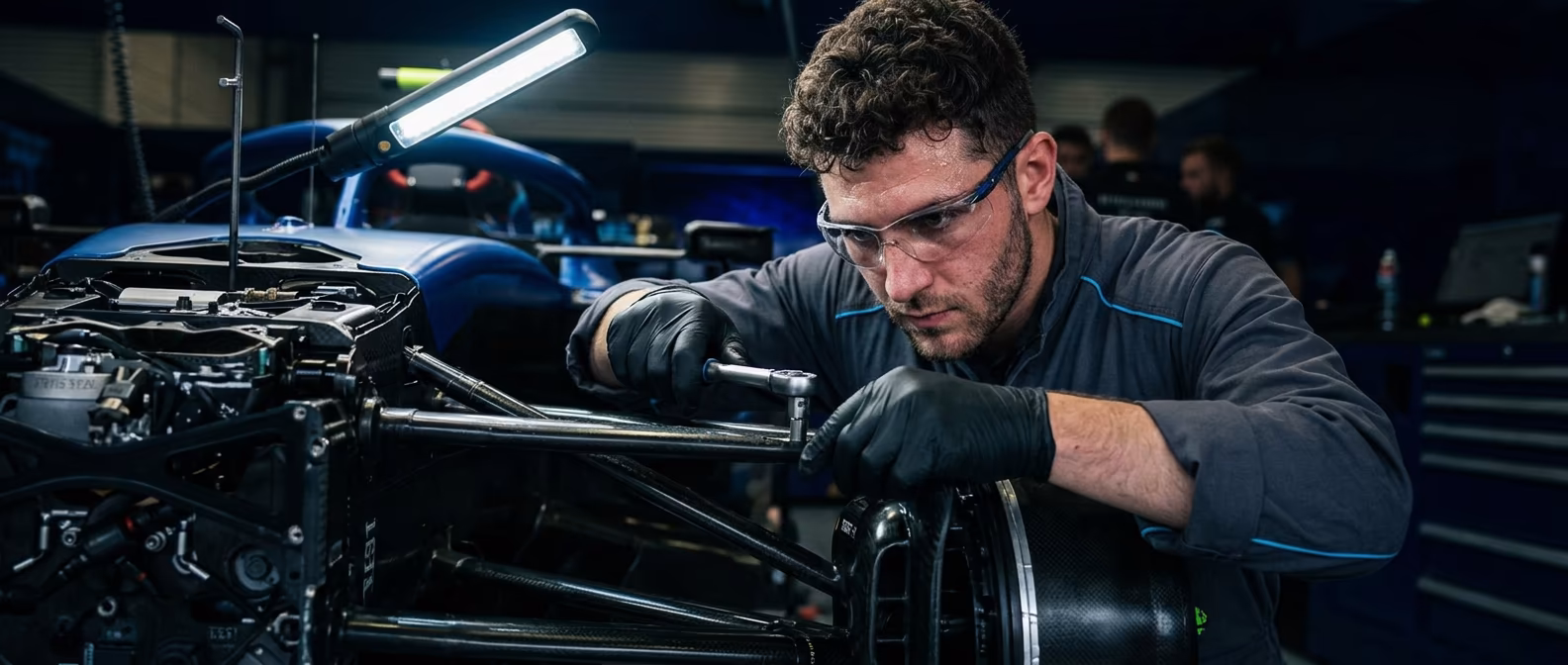 A mechanic works on the suspension of a modern Formula 1 car